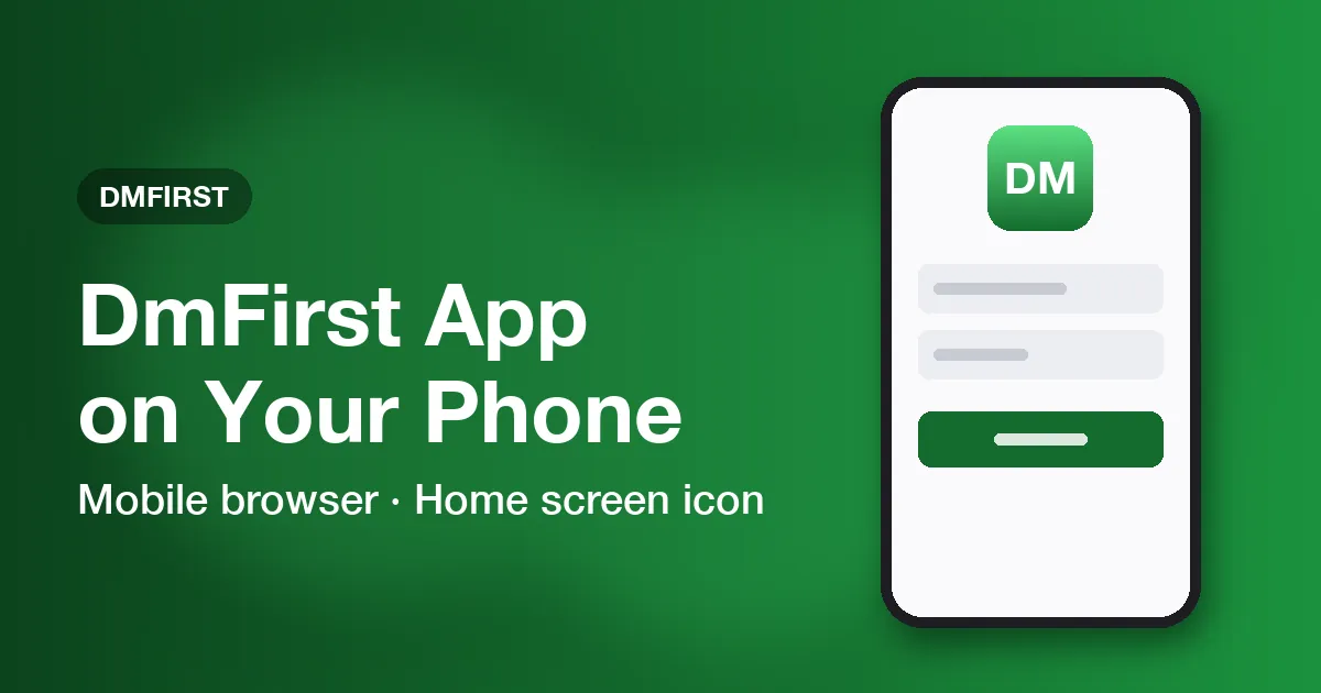 DmFirst App banner with a phone mock-up of a sign-in screen