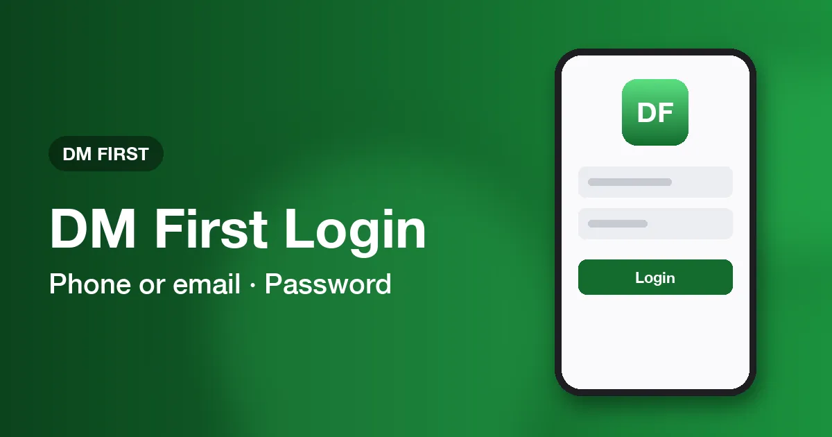 Banner for DM First login with a phone showing phone number and password fields